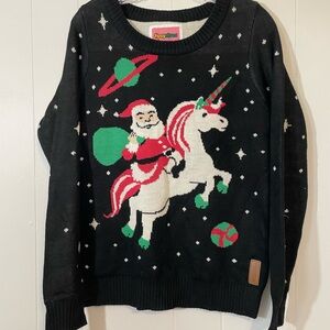 Tipsy Elves Santa Riding a Unicorn in Space Black Sweater Size M